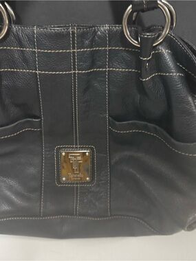 Tignanello Pebbled Black Leather Shoulder Hand-carry Bag with Contrast Stitching
